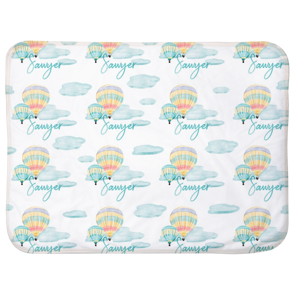 Personalized Sherpa Baby Blanket - Cute Hot Air Balloon Ride With Infant's Name
