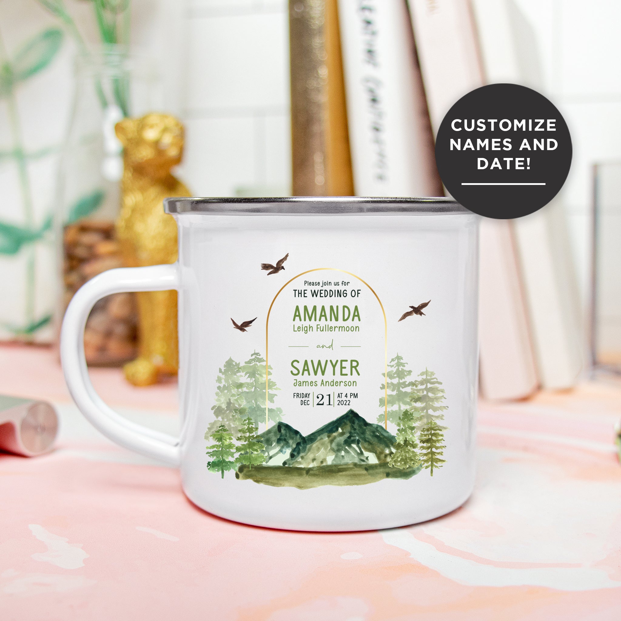 Save The Date Pine Tree Editable Wedding Mug