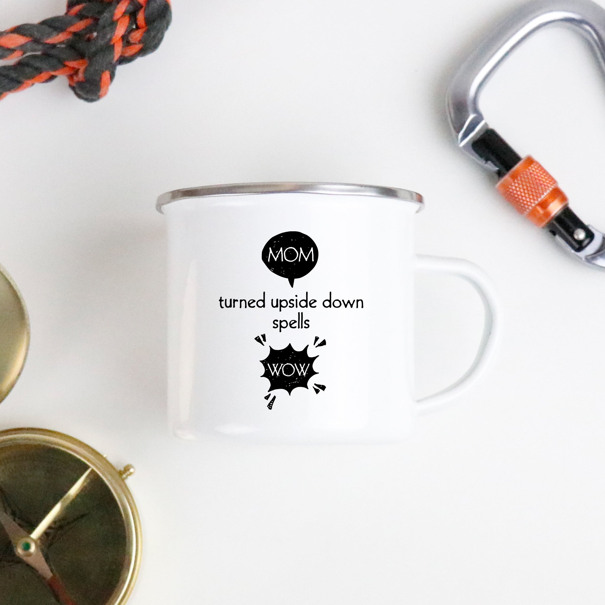 Mom Turned Upside Down Spells Wow Enamel Camping Mug
