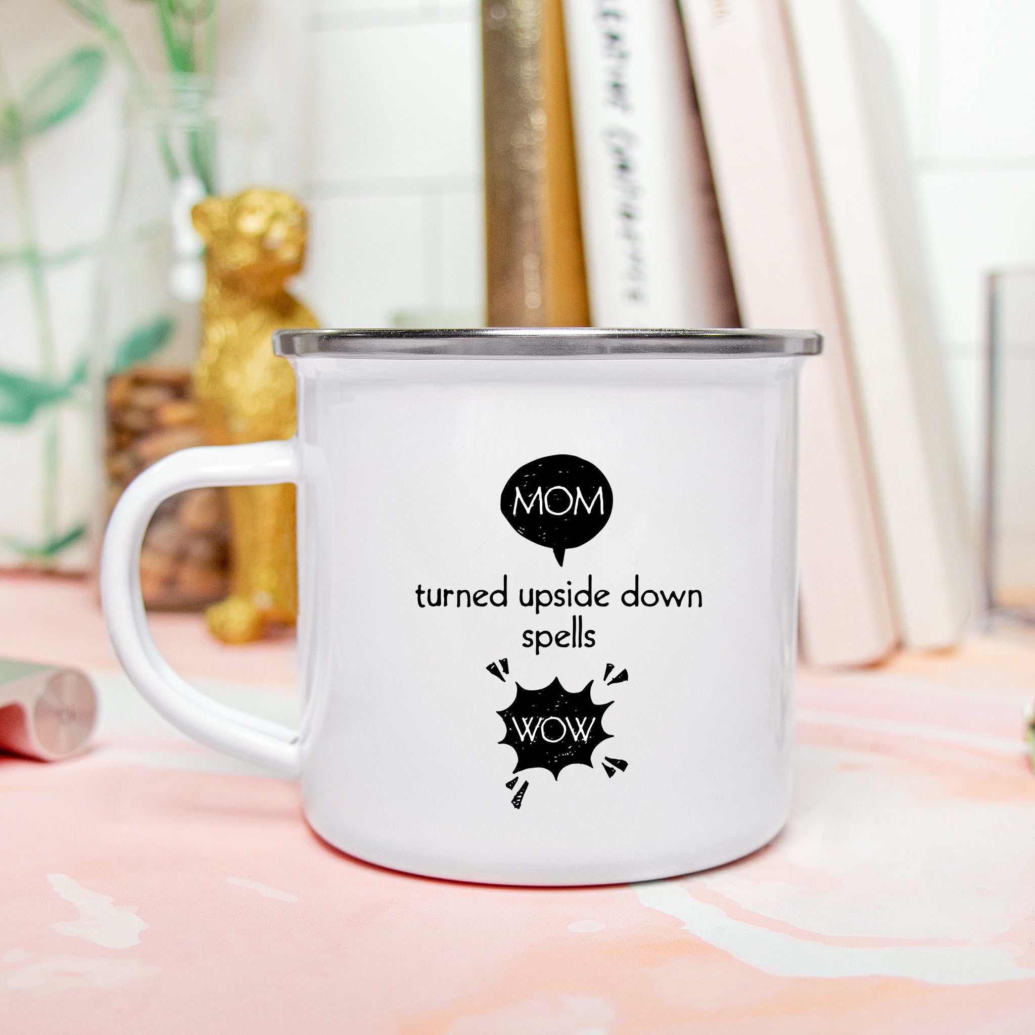 Mom Turned Upside Down Spells Wow Enamel Camping Mug