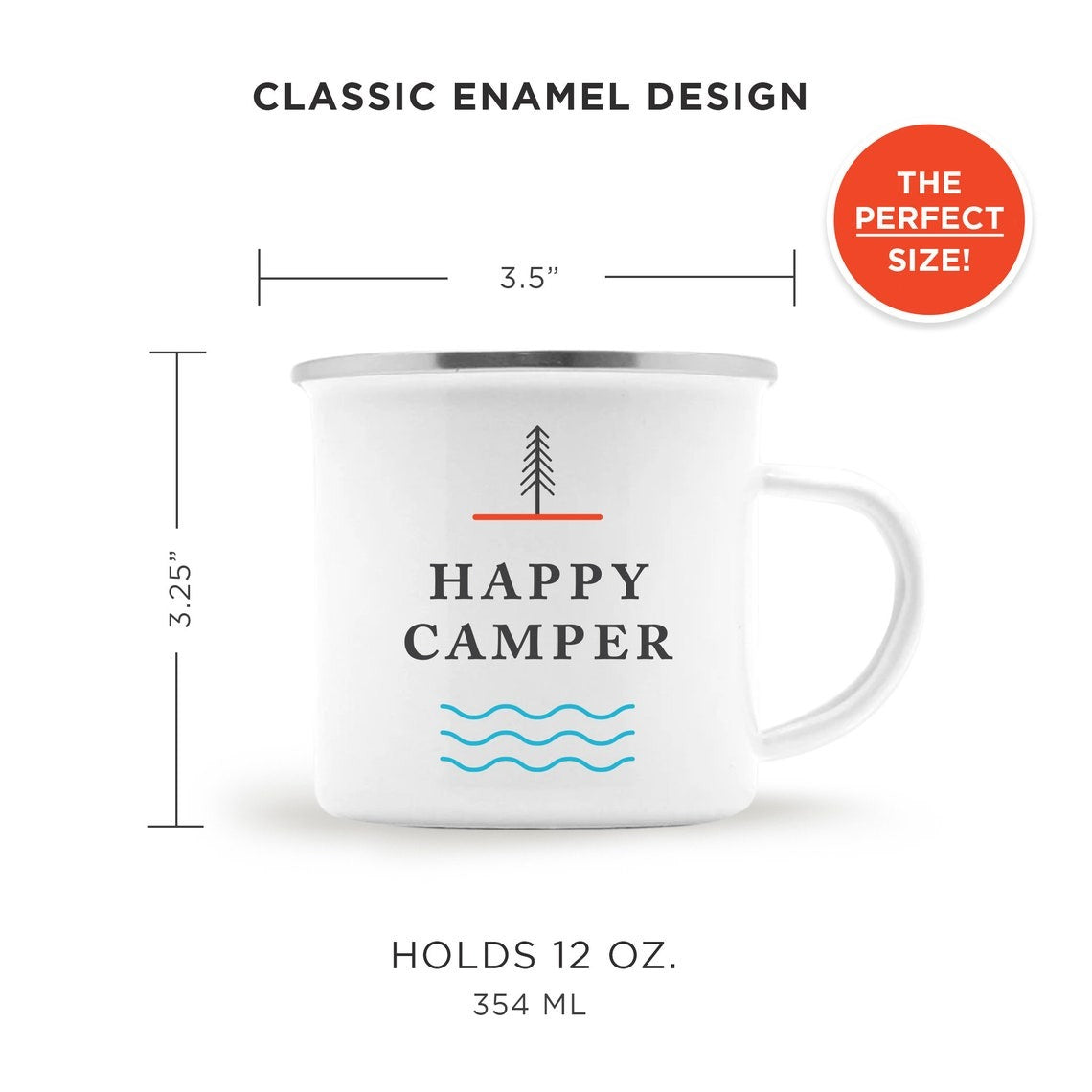 Happy Camper Enamel Camping Mug - White, 10 Ounce (295 ml), Eco-Friendly Camp Mug