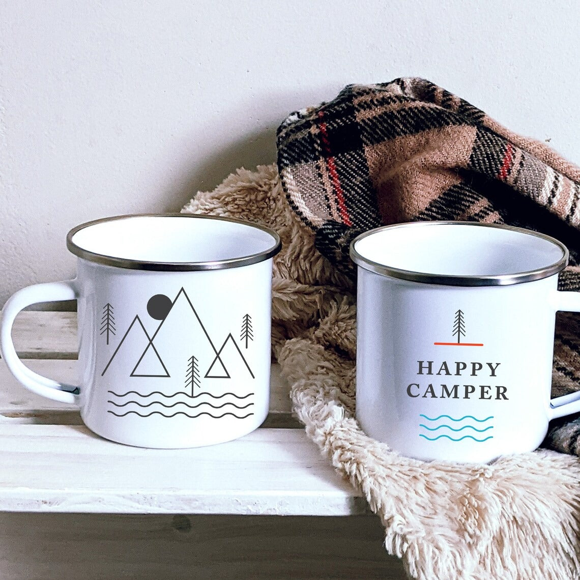 Classic 'Happy Camper' Enamel Camping Mugs - SET OF TWO!