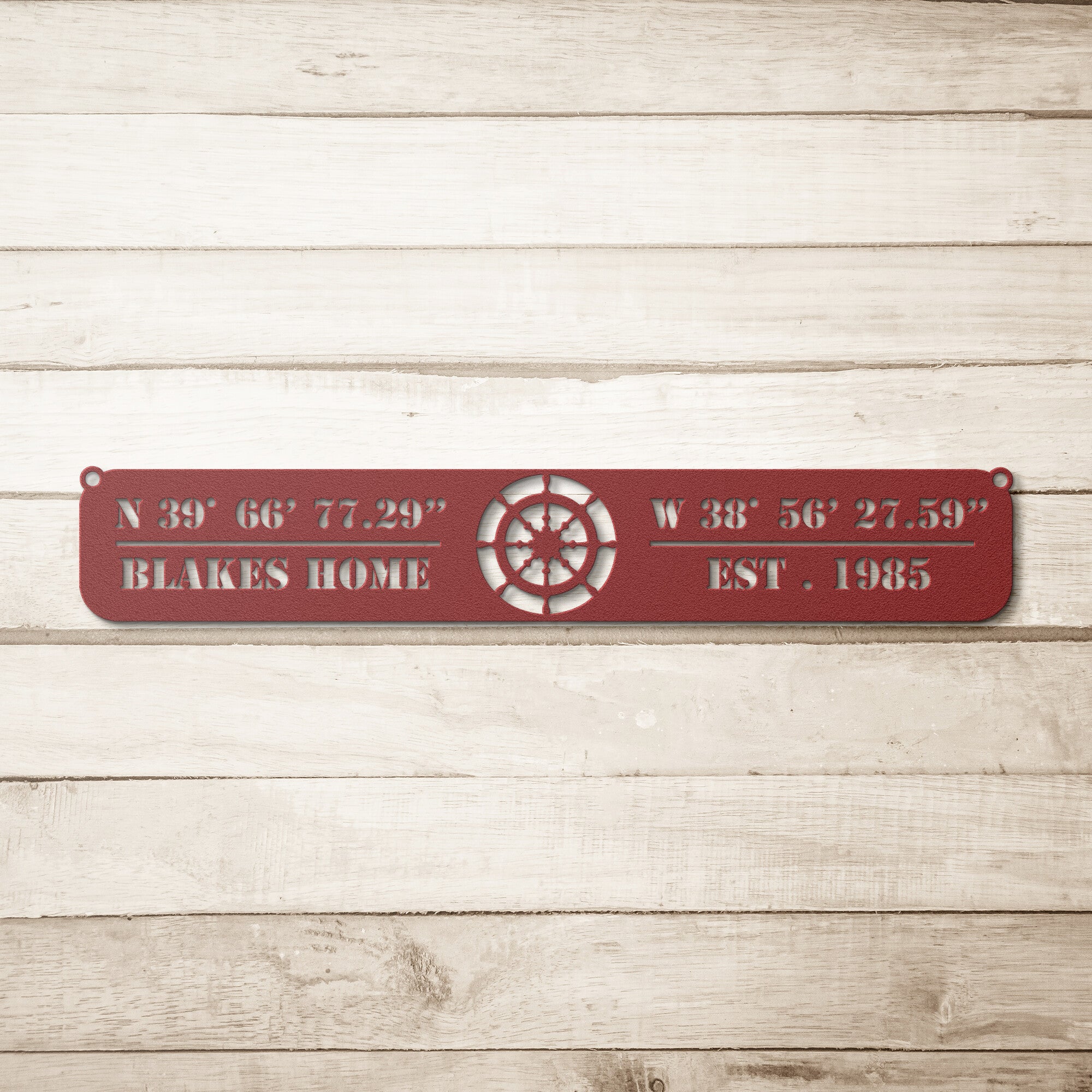 Personalized Metal Coordinates Sign With Captain Wheel