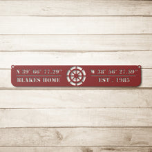 Personalized Metal Coordinates Sign With Captain Wheel
