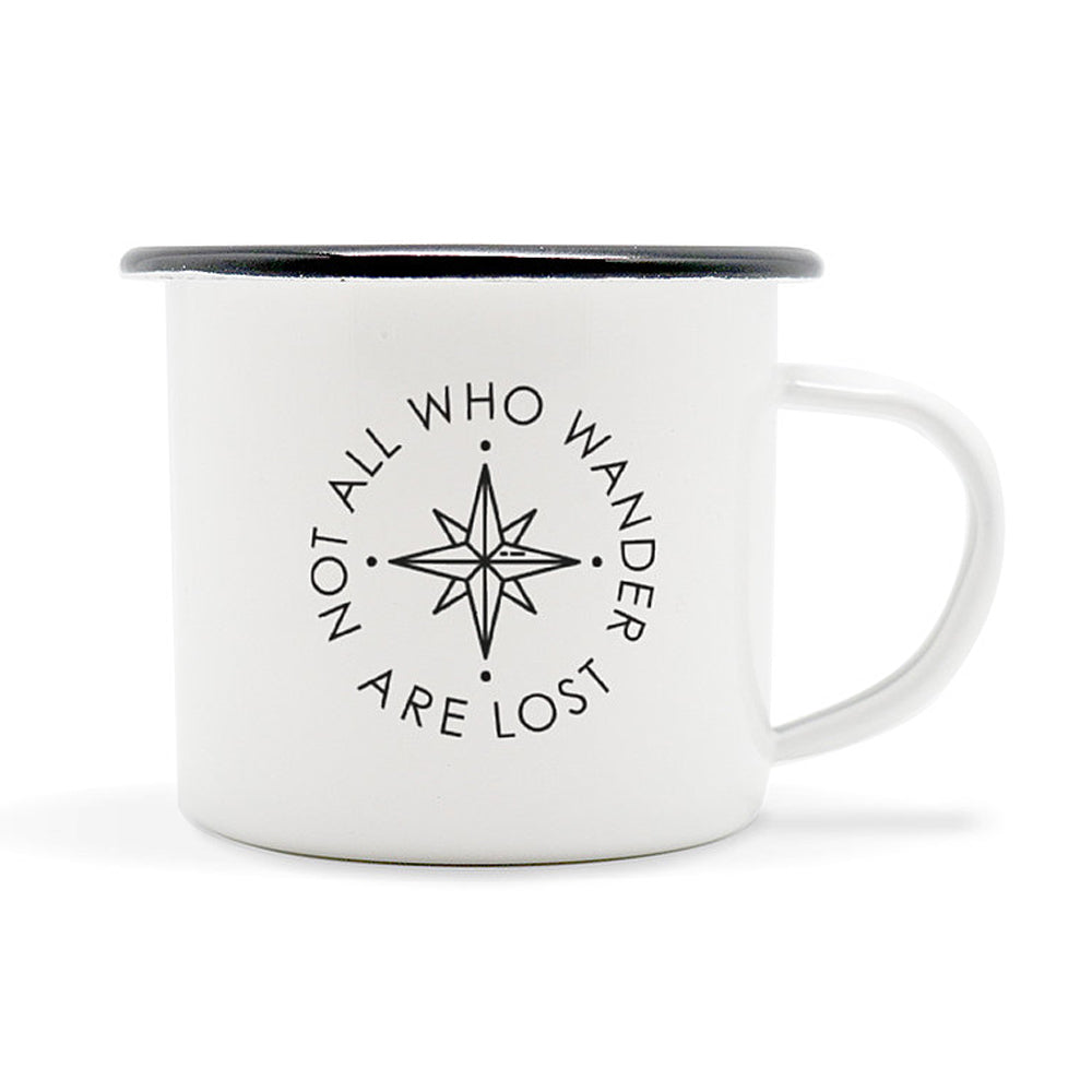 The 'Not All Who Wander Are Lost' Enamel Camping Mug - Cool Compass Version