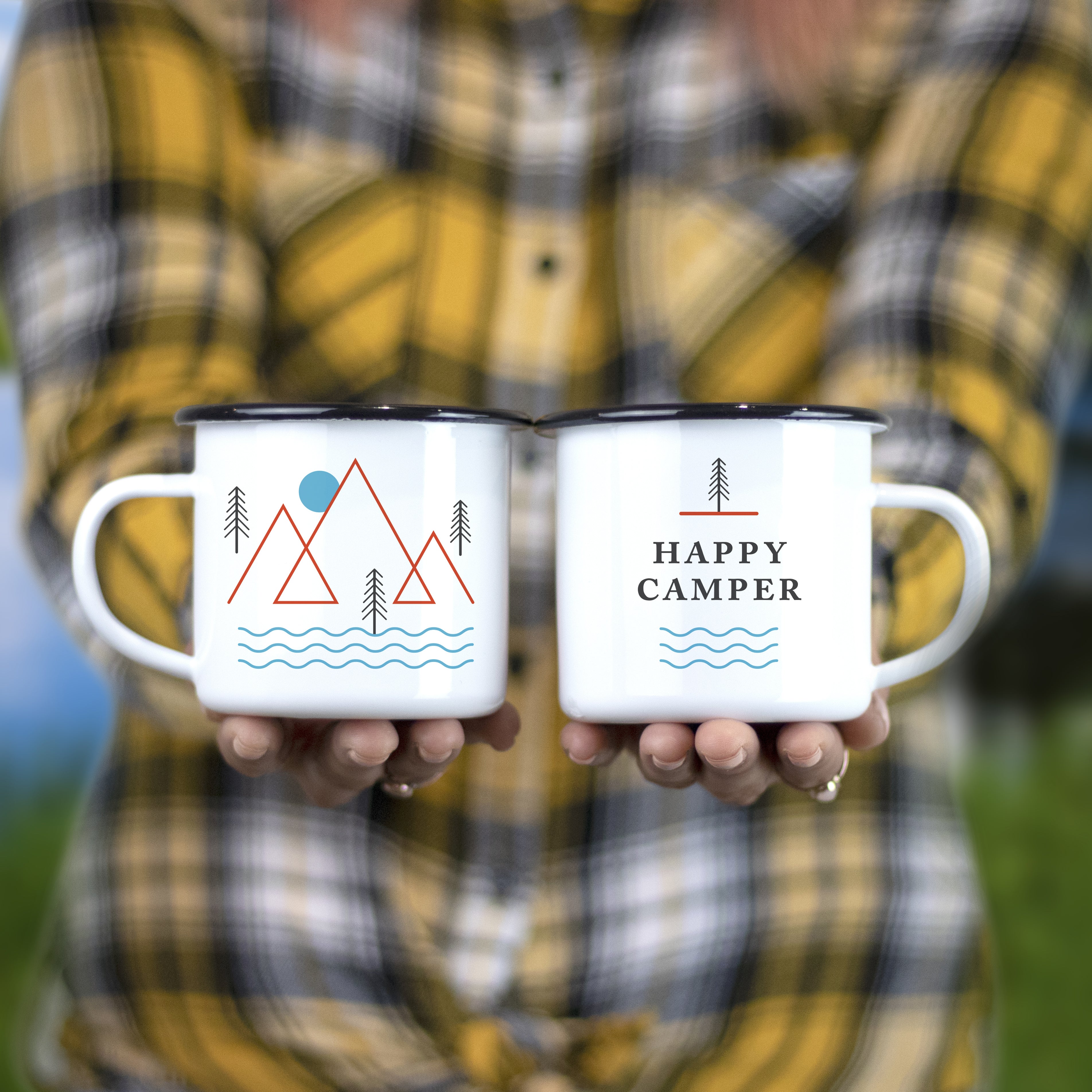 Happy Camper Enamel Camping Mug - White, 10 Ounce (295 ml), Eco-Friendly Camp Mug