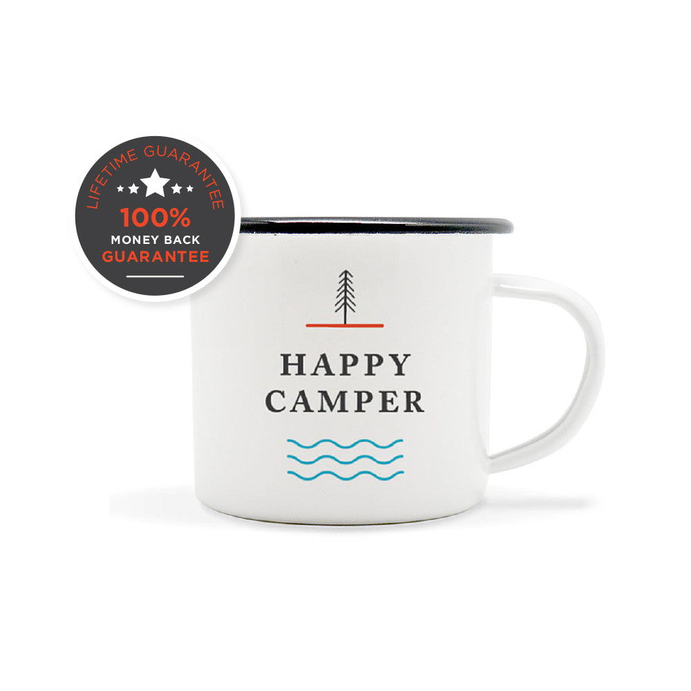 Happy Camper Enamel Camping Mug - White, 10 Ounce (295 ml), Eco-Friendly Camp Mug