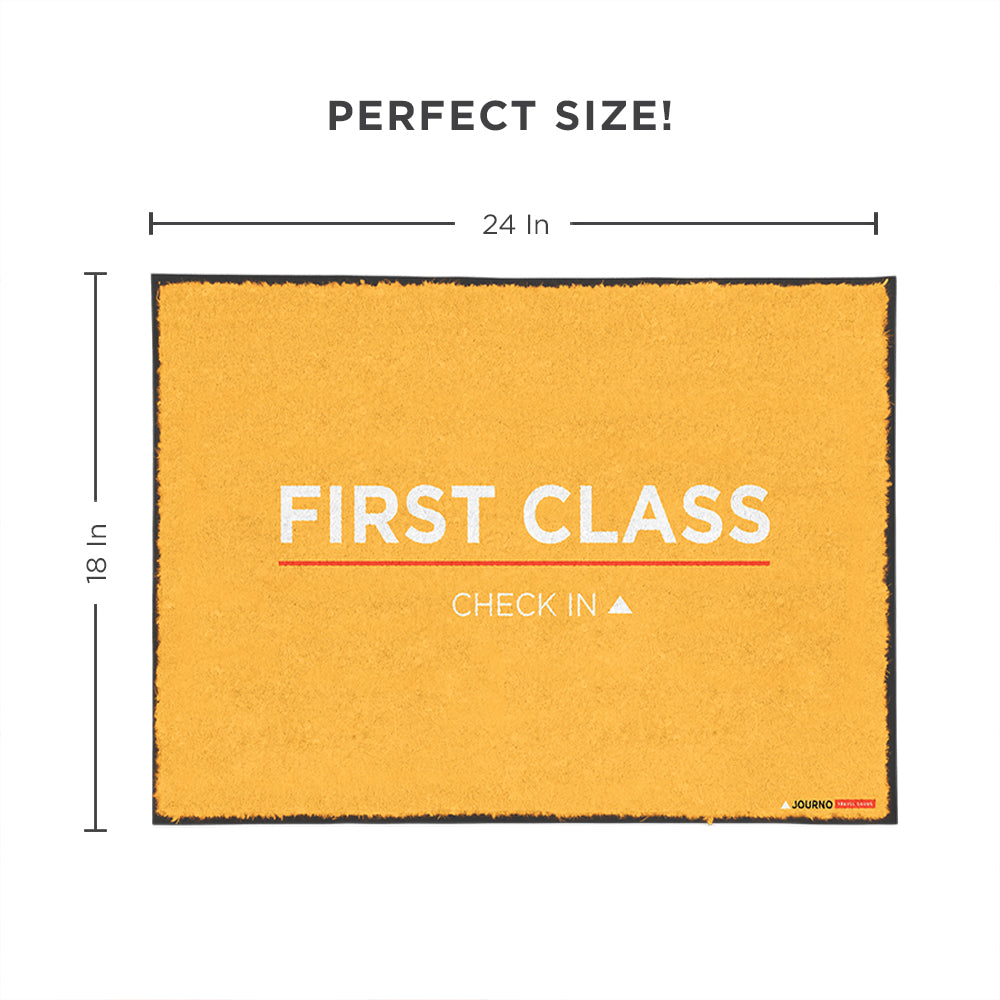 First Class Check In - Fun Travel-Themed Welcome Mat