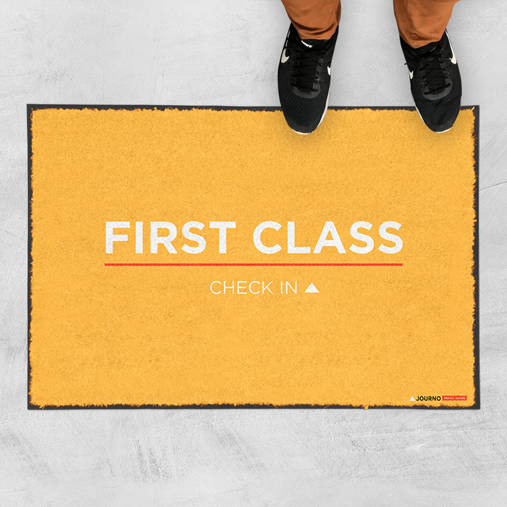 First Class Check In - Fun Travel-Themed Welcome Mat