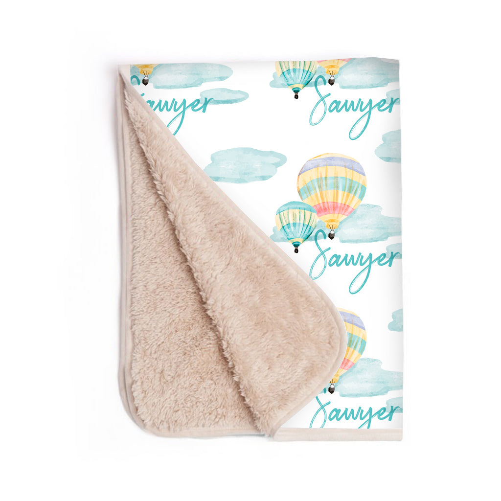 Personalized Sherpa Baby Blanket - Cute Hot Air Balloon Ride With Infant's Name