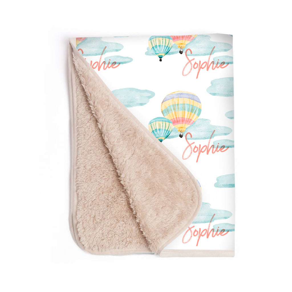 Personalized Sherpa Baby Blanket - Cute Hot Air Balloon Ride With Infant's Name