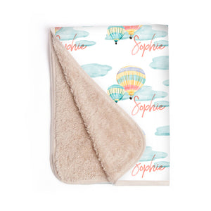 Personalized Sherpa Baby Blanket - Cute Hot Air Balloon Ride With Infant's Name