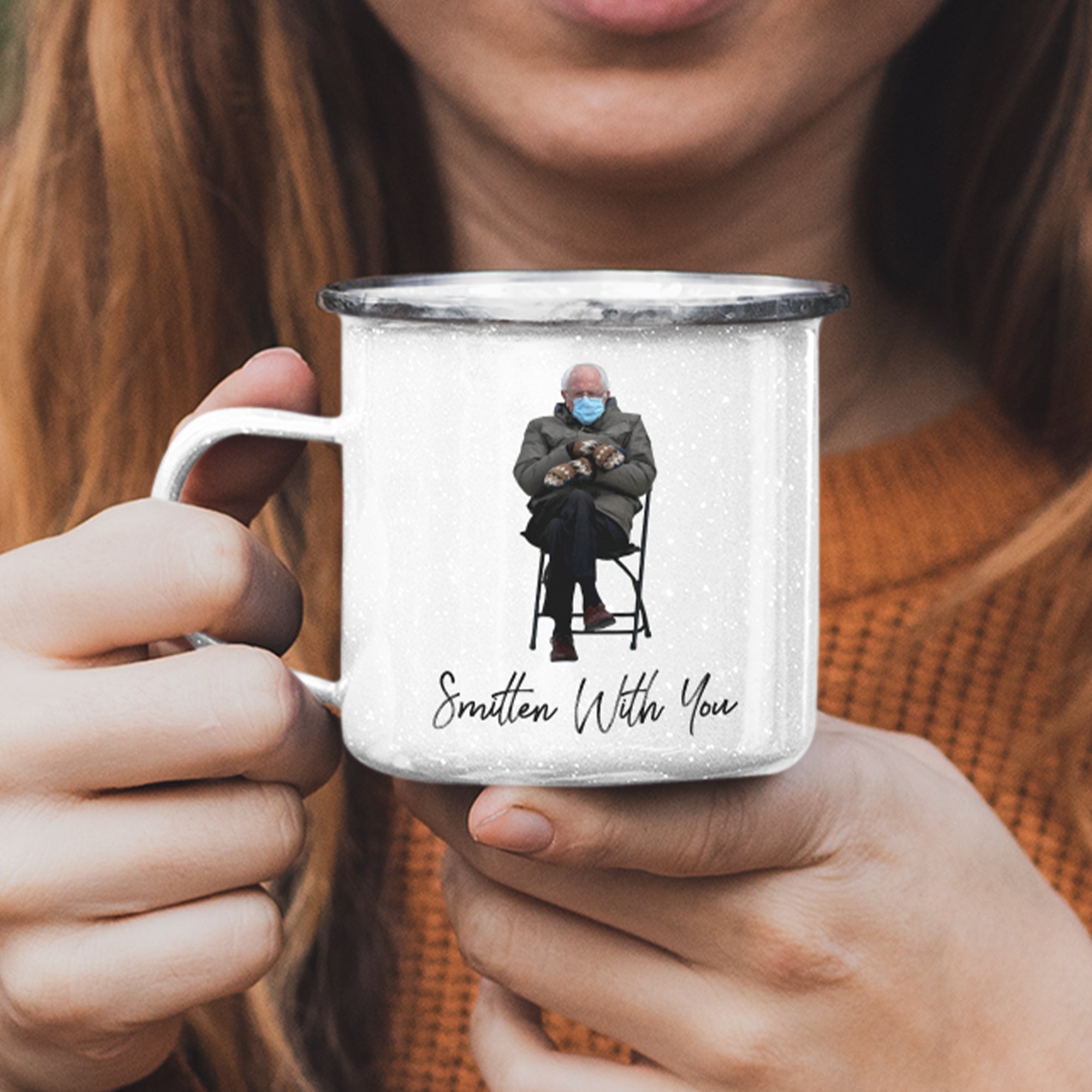 Bernie's Mittens Camp Mug - Hilarious "Smitten For You" Enamel Mug